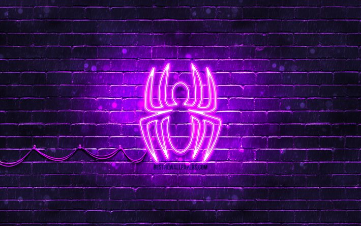 Logotipo violeta do Homem-Aranha, 4k, parede de tijolos violeta, logotipo do Homem-Aranha, Homem-Aranha, super-her&#243;is, logotipo de n&#233;on do Homem-Aranha