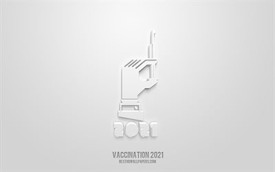 Vaccinazione 2021 icona 3d, Covid-19 vaccinazione 2021, sfondo bianco, simboli 3d, vaccinazione 2021, icone medicina, icone 3d, segno vaccinazione 2021, icone medicina 3d