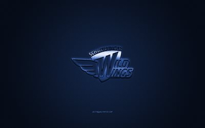 Schwenninger Wild Wings, club de hockey allemand, Deutsche Eishockey Liga, logo bleu, DEL, fond bleu en fibre de carbone, hockey sur glace, Schwenningen, Allemagne, logo Schwenninger Wild Wings