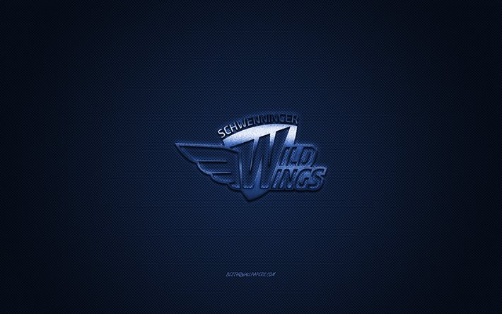 schwenninger wild wings, deutscher hockeyclub, deutsche eishockey liga, blaues logo, del, blauer kohlefaserhintergrund, eishockey, schwenningen, deutschland, schwenninger wild wings logo