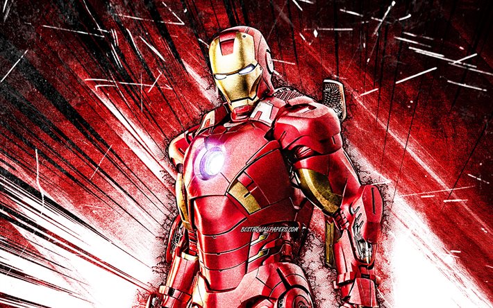 4k, IronMan, grunge art, superheroes, Marvel Comics, red abstract rays, IronMan 4K, Cartoon Iron Man
