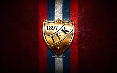 IFK Helsinki, golden logo, Liiga, red metal background, finnish hockey team, finnish hockey league, IFK Helsinki logo, hockey