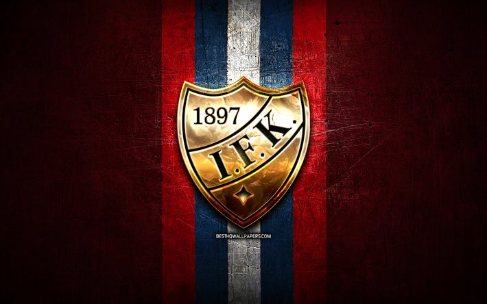 IFK Helsinki, logotipo dourado, Liiga, fundo de metal vermelho, time finland&#234;s de h&#243;quei, liga finlandesa de h&#243;quei, logotipo do IFK Helsinki, h&#243;quei