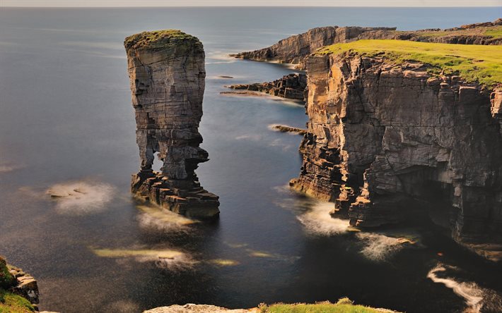 Fastland, Orkney, stenar, kust, hav, kv&#228;ll, solnedg&#229;ng, norra &#246;arna, Skottland, &#246; i Skottland