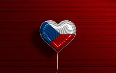 Rakastan Tšekki&#228;, 4k, realistiset ilmapallot, punainen puinen tausta, Tšekin lipun syd&#228;n, Eurooppa, suosikkimaat, Tšekin tasavallan lippu, ilmapallo lipulla, Tšekin lippu, Tšekin tasavalta, Rakastan Tšekin tasavaltaa