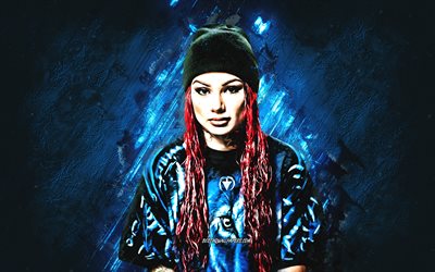 Snow Tha Product, American rapper, Claudia Alexandra Madriz Meza, portrait, blue stone background, creative art, American singer