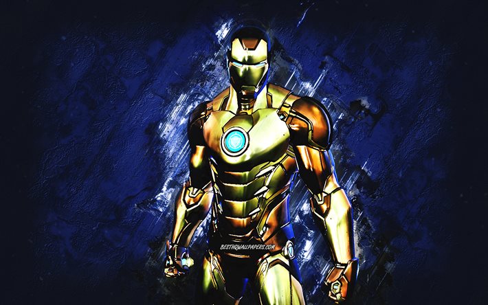 Fortnite Gold Foil Iron Man Skin, Fortnite, main characters, blue stone background, Gold Foil Iron Man, Fortnite skins, Gold Foil Iron Man Skin, Gold Foil Iron Man Fortnite, Fortnite characters