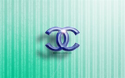 4k, logotipo Chanel 3D, bal&#245;es azuis realistas, marcas de moda, logotipo Chanel, fundos de madeira azuis, Chanel