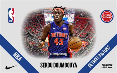 Sekou Doumbouya, Detroit Pistons, jogador franc&#234;s de basquete, NBA, retrato, EUA, basquete, Little Caesars Arena, logotipo do Detroit Pistons