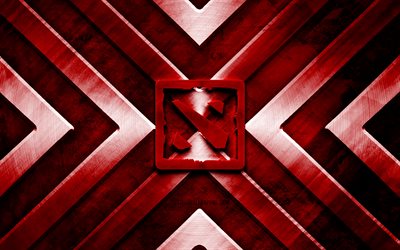 Logo in metallo Dota 2, 4K, sfondo rosso in metallo, frecce in metallo, logo Dota 2, creativo, logo rosso Dota 2, Dota 2