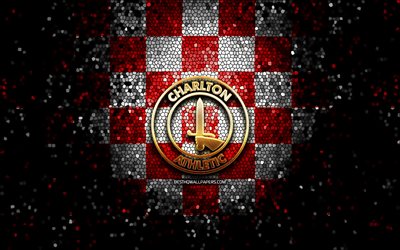 Charlton Athletic FC, logo glitter, campionato EFL, sfondo a scacchi bianco rosso, calcio, squadra di calcio inglese, logo Charlton Athletic, arte del mosaico, Charlton Athletic