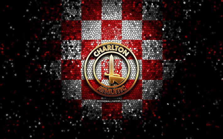 Charlton Athletic FC, logo scintillant, championnat EFL, fond quadrill&#233; blanc rouge, football, club de football anglais, logo Charlton Athletic, art de la mosa&#239;que, Charlton Athletic