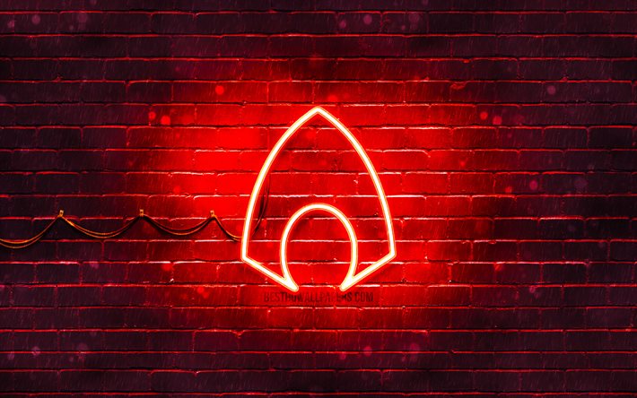Logo rosso Aquaman, 4k, muro di mattoni rossi, logo Aquaman, supereroi, logo al neon Aquaman, Aquaman