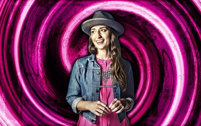 4k, Sara Bareilles, fond grunge violet, chanteuse am&#233;ricaine, stars de la musique, vortex, Sara Beth Bareilles, cr&#233;ative, Sara Bareilles 4K