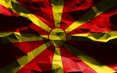 4k, Macedonian flag, low poly art, European countries, national symbols, Flag of North Macedonia, 3D flags, North Macedonia flag, North Macedonia, Europe, North Macedonia 3D flag