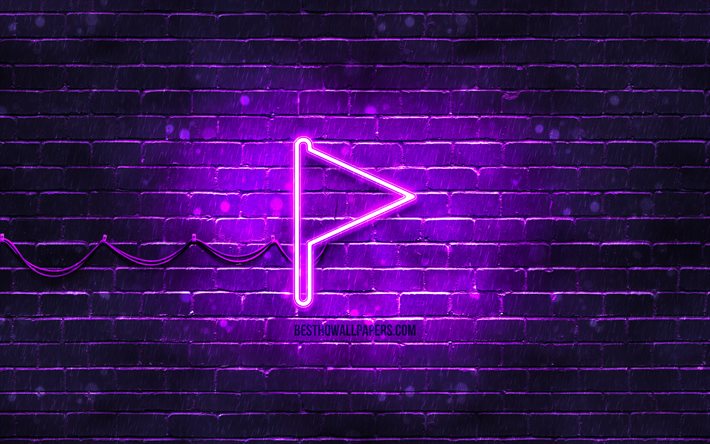 Violetti lippu neon-kuvake, 4k, Violetti tausta, neonisymbolit, Violetti lippu, Neon-kuvakkeet, tietokonemerkit, Violetti lippu -kuvake, Tietokonekuvakkeet