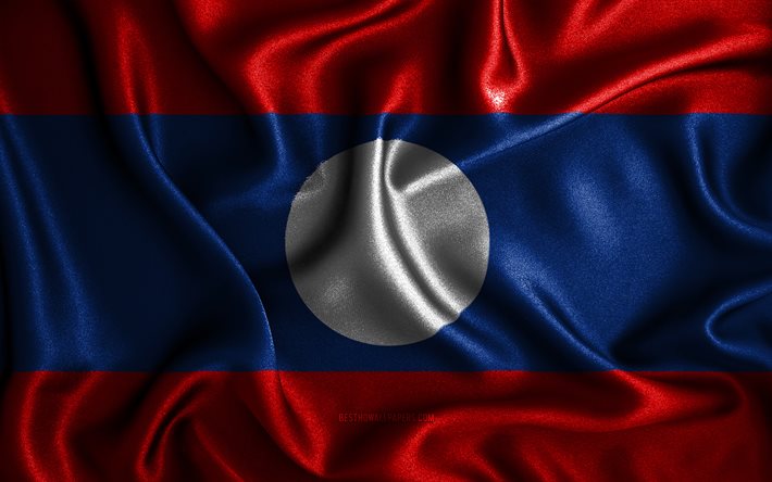 Drapeau laotien, 4k, drapeaux ondul&#233;s en soie, pays asiatiques, symboles nationaux, drapeau du Laos, drapeaux en tissu, art 3D, Laos, Asie, drapeau 3D du Laos