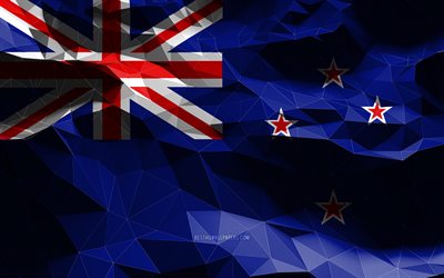 4k, bandiera della Nuova Zelanda, arte low poly, paesi dell&#39;Oceania, simboli nazionali, bandiere 3D, Nuova Zelanda, Oceania, bandiera 3D della Nuova Zelanda