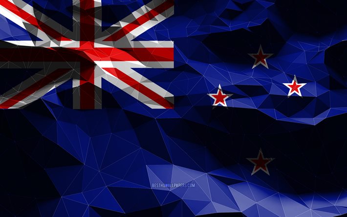 4k, bandeira da Nova Zelândia, low poly art, países da Oceania, símbolos nacionais, Bandeira da Nova Zelândia, bandeiras 3D, Nova Zelândia, Oceania, bandeira 3D da Nova Zelândia