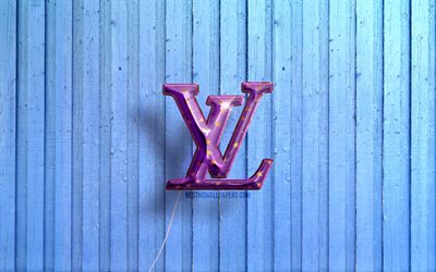 4k, Louis Vuitton logo, violet realistic balloons, Louis Vuitton 3D logo, blue wooden backgrounds, Louis Vuitton