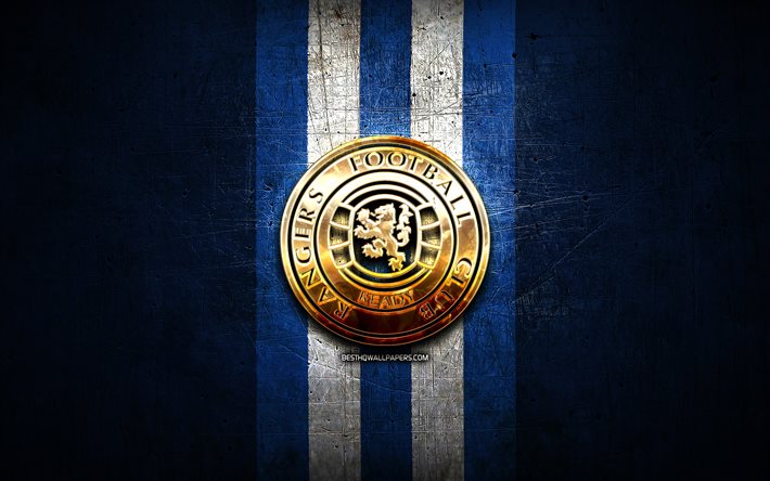 Rangers FC, golden logo, Scottish Premiership, blue metal background, football, scottish football club, Rangers logo, soccer, FC Rangers