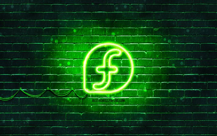 Logo vert Fedora, 4k, brickwall vert, Linux, logo Fedora, OS, logo n&#233;on Fedora, Fedora