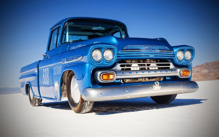 chevrolet apache 3100, retro-autos, 1955 autos, blauer pickup, tuning, 1955 chevrolet apache, amerikanische autos, chevrolet