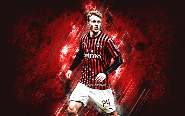 Simon Kjaer, AC Milan, tanskalainen jalkapalloilija, muotokuva, punainen kivitausta, Serie A, Italia, jalkapallo