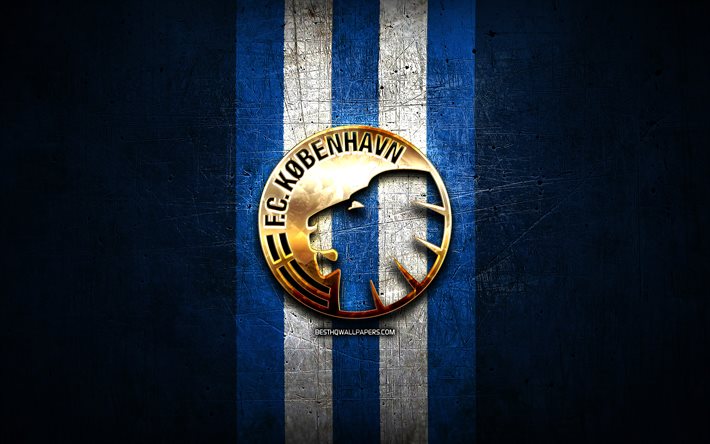 FC Copenhaga, ouro logotipo, Dinamarqu&#234;s Superliga, metal azul de fundo, futebol, dinamarqu&#234;s futebol clube, FC Copenhaga logotipo, FC copenhaga