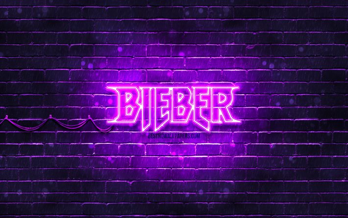 Justin Bieber violette logo, 4k, chanteuse am&#233;ricaine, violet brickwall, Justin Bieber logo, Justin Drew Bieber, Justin Bieber, stars de la musique, Justin Bieber n&#233;on logo