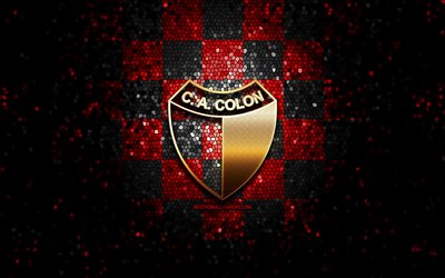 Colon FC, glitter logo, Argentine Primera Division, red black checkered background, soccer, argentinian football club, Colon logo, Colon Santa FE, mosaic art, CA Colon, football, Club Atletico Colon