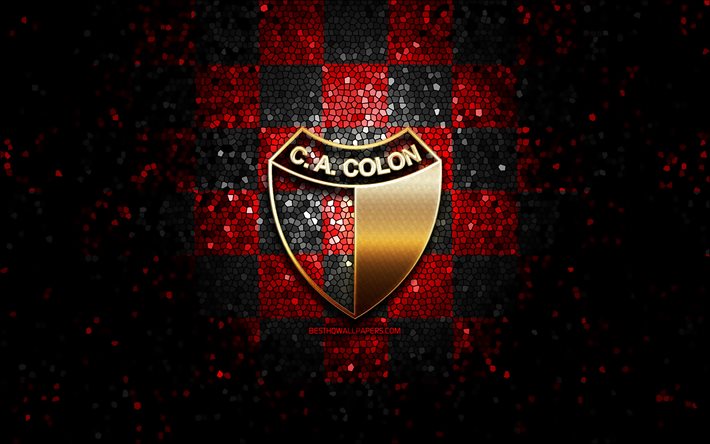 Kolon FC, glitter logotyp, Argentinska Primera Division, r&#246;d och svart rutig bakgrund, fotboll, argentinsk fotboll club, Kolon logotyp, Colon de Santa FE, mosaik konst, CA Kolon, Club Atletico Kolon
