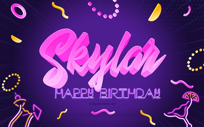 Buon compleanno Skylar, 4k, Sfondo festa viola, Skylar, arte creativa, buon compleanno Skylar, nome Skylar, compleanno Skylar, sfondo festa di compleanno