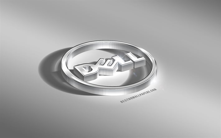 rundes silbernes 3d-logo von dell, dell-logo, grauer hintergrund, rundes 3d-logo von dell, silbernes dell-logo, dell