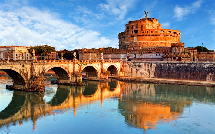 Aelian Bridge, 4k, italian landmarks, Rome, Tiber River, Italy, Europe, Castle of the Holy Angel, italian cities, Ponte Sant Angelo