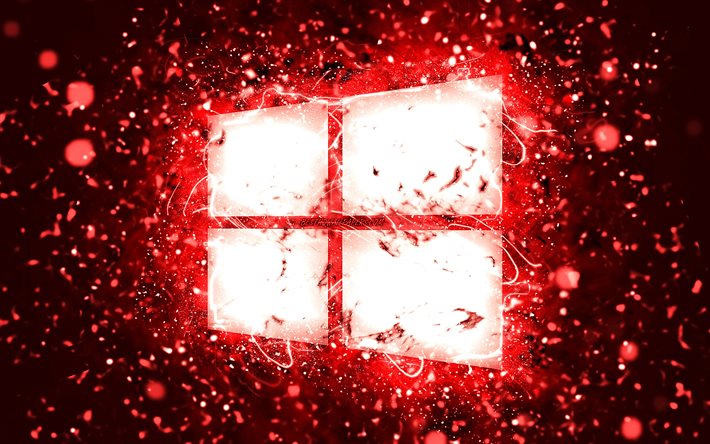 Windows10の赤いロゴ, 4k, 赤いネオンライト, creative クリエイティブ, 赤い抽象的な背景, Microsoft Windows 10, OS