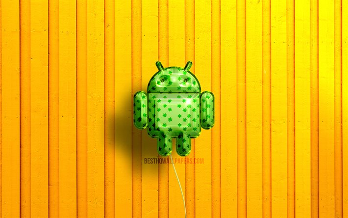 Android3Dロゴ, 4K, 緑のリアルな風船, 黄色の木製の背景, ブランド, Androidのロゴ, Android