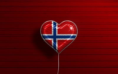 I Love Norway, 4k, realistic balloons, red wooden background, Norwegian flag heart, Europe, favorite countries, flag of Norway, balloon with flag, Norwegian flag, Norway, Love Norway