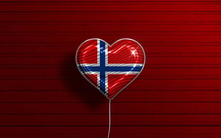 Amo la Norvegia, 4k, palloncini realistici, fondo di legno rosso, cuore della bandiera norvegese, Europa, paesi preferiti, bandiera della Norvegia, palloncino con bandiera, bandiera norvegese, Norvegia, amore della Norvegia