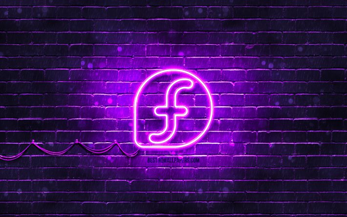 Fedoraバイオレットロゴ, 4k, 紫のレンガの壁, Linux, Fedoraロゴ, OS, Fedoraネオンロゴ, Fedora