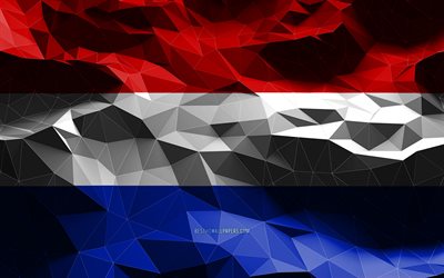 4k, drapeau n&#233;erlandais, art low poly, pays europ&#233;ens, symboles nationaux, drapeau des Pays-Bas, drapeaux 3D, Pays-Bas, Europe, drapeau 3D des Pays-Bas