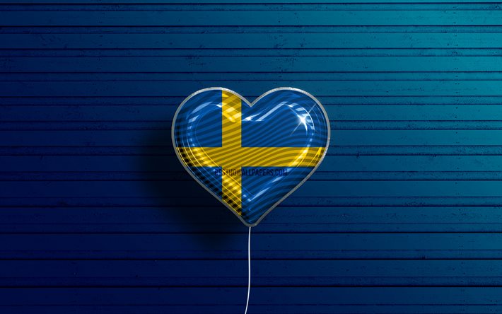 Amo la Svezia, 4k, palloncini realistici, fondo di legno blu, cuore della bandiera svedese, Europa, paesi preferiti, bandiera della Svezia, palloncino con bandiera, bandiera svedese, Svezia, amore della Svezia