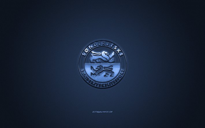 Sonderjyske, tanskalainen jalkapalloseura, tanskalainen Superliga, sininen logo, sininen hiilikuitutausta, jalkapallo, Haderslev, Tanska, Sonderjyske-logo
