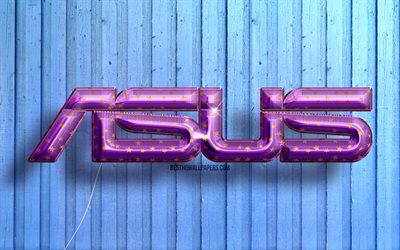 4k, Asus logo, violet realistic balloons, Asus 3D logo, blue wooden backgrounds, Asus