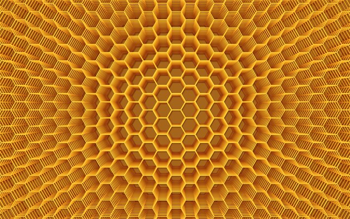 3d gelbe wabentextur, 3d wabenhintergrund, wabentextur, 3d honigbeschaffenheit, 3d sechseckbeschaffenheit, gelber sechseckhintergrund