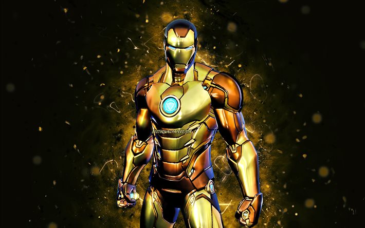 Altın Folyo Demir Adam, 4k, sarı neon ışıklar, 2021 oyunları, Fortnite Battle Royale, Fortnite karakterleri, Altın Folyo Iron Man Skin, Fortnite, Altın Folyo Iron Man Fortnite