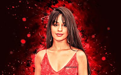 Camila Cabello, 4k, punaiset neonvalot, amerikkalainen laulaja, musiikkit&#228;hdet, Karla Camila Cabello Estrabao, amerikkalainen julkkis, supert&#228;hdet, luova, Camila Cabello 4k