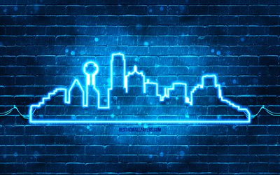 Dallas blue neon silhouette, 4k, blue neon lights, Dallas skyline silhouette, blue brickwall, american cities, neon skyline silhouettes, USA, Dallas silhouette, Dallas