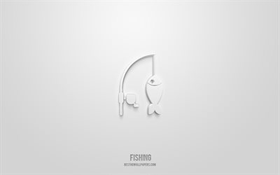 icona 3d di pesca, sfondo bianco, simboli 3d, pesca, icone di viaggio, icone 3d, segno di pesca, icone 3d di viaggio