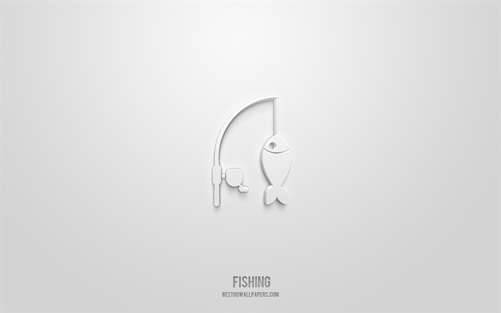 fiske 3d ikon, vit bakgrund, 3d symboler, fiske, reseikoner, 3d ikoner, fiskeskylt, resa 3d ikoner